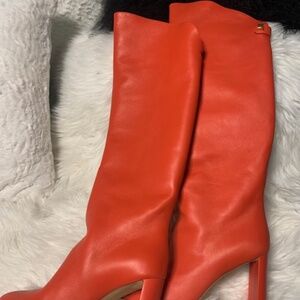 Orange/red leather knee high boots